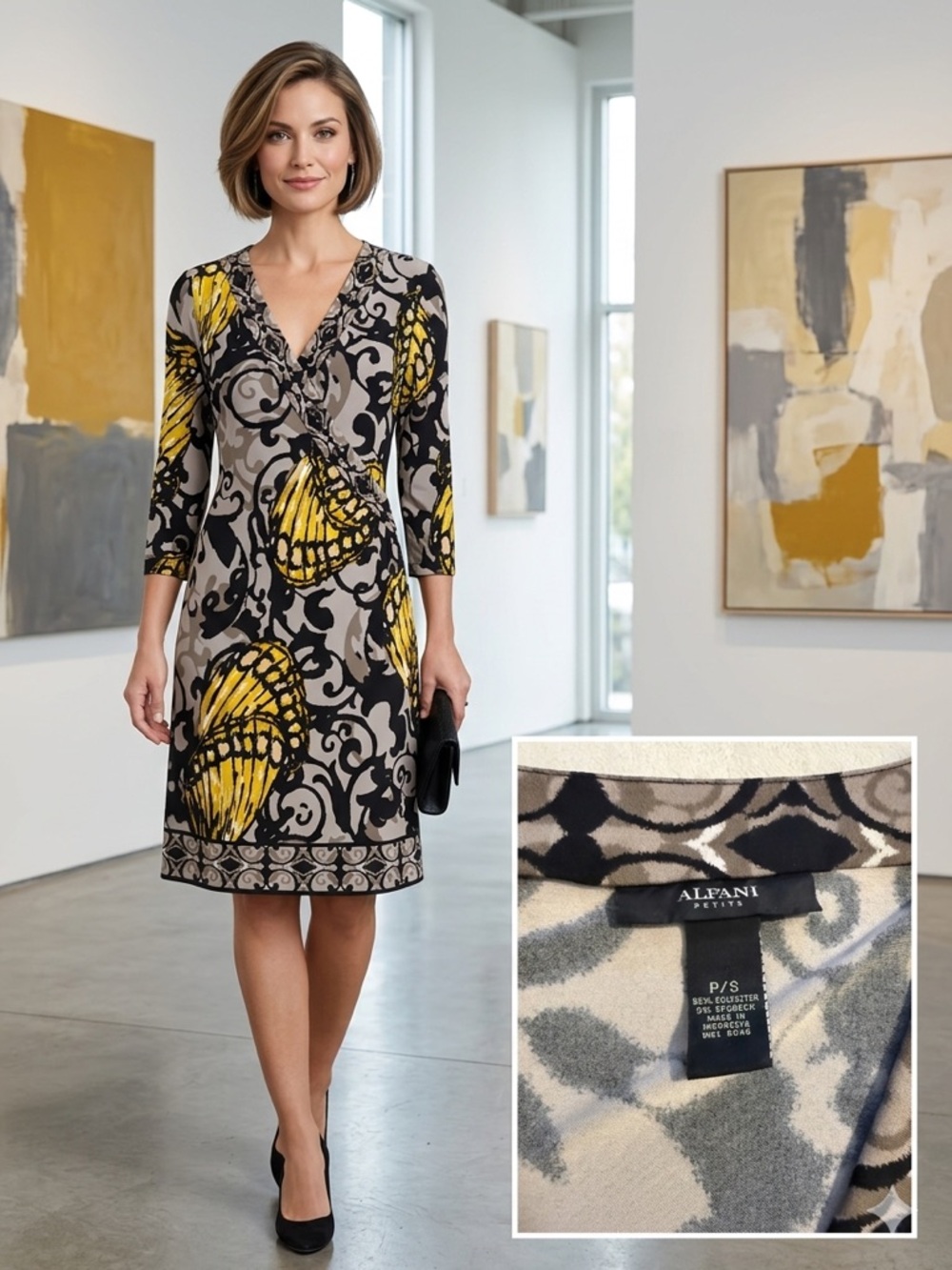 Alfani Petite Faux Wrap Dress Size P/S Gray, Yellow & Black Abstract Pattern